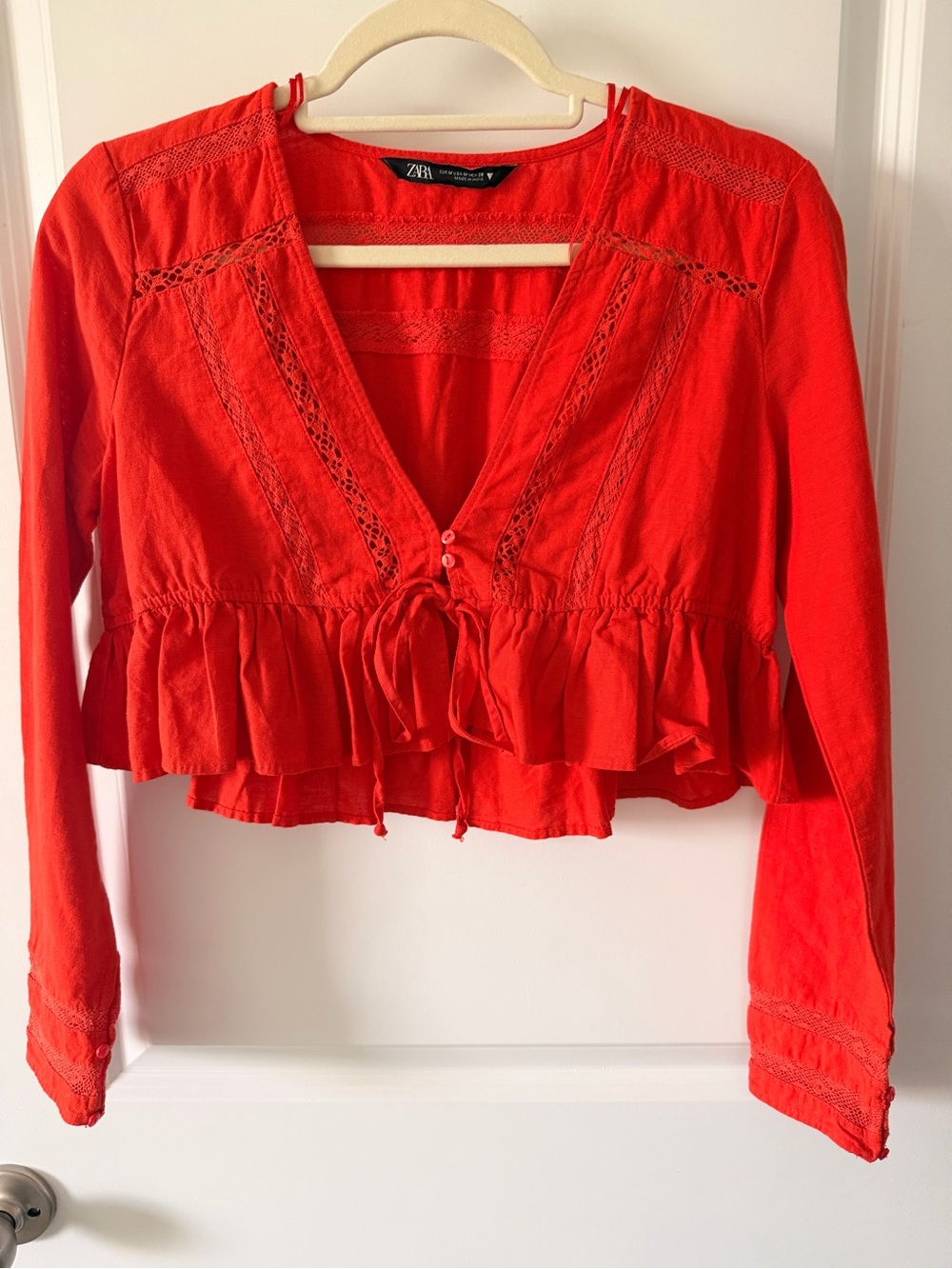 Zara Bright Red Tie-Front Peplum Blouse